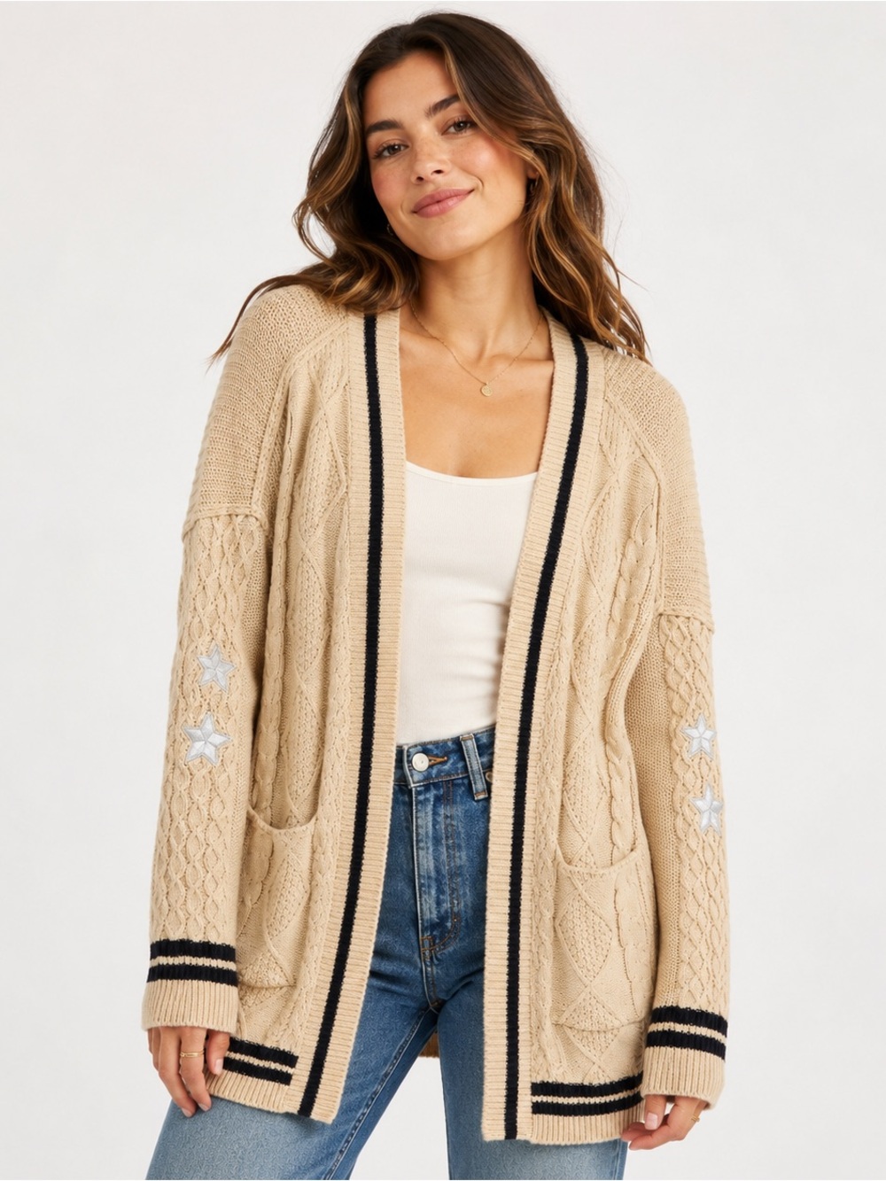 🌺 Altar’d State Lyla Varsity Star Cable-Knit Oversized Cardigan